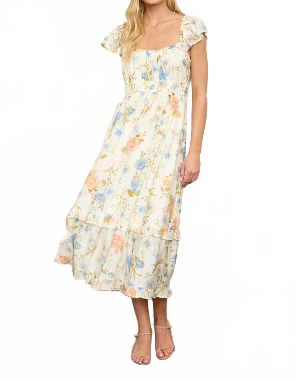 NEW MINE AND E&M floral scoop neck ruffle short sleeve midi dress in off white